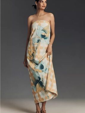 BY ANTHROPOLOGIE STRAPLESS COTTON LINEN DRESS